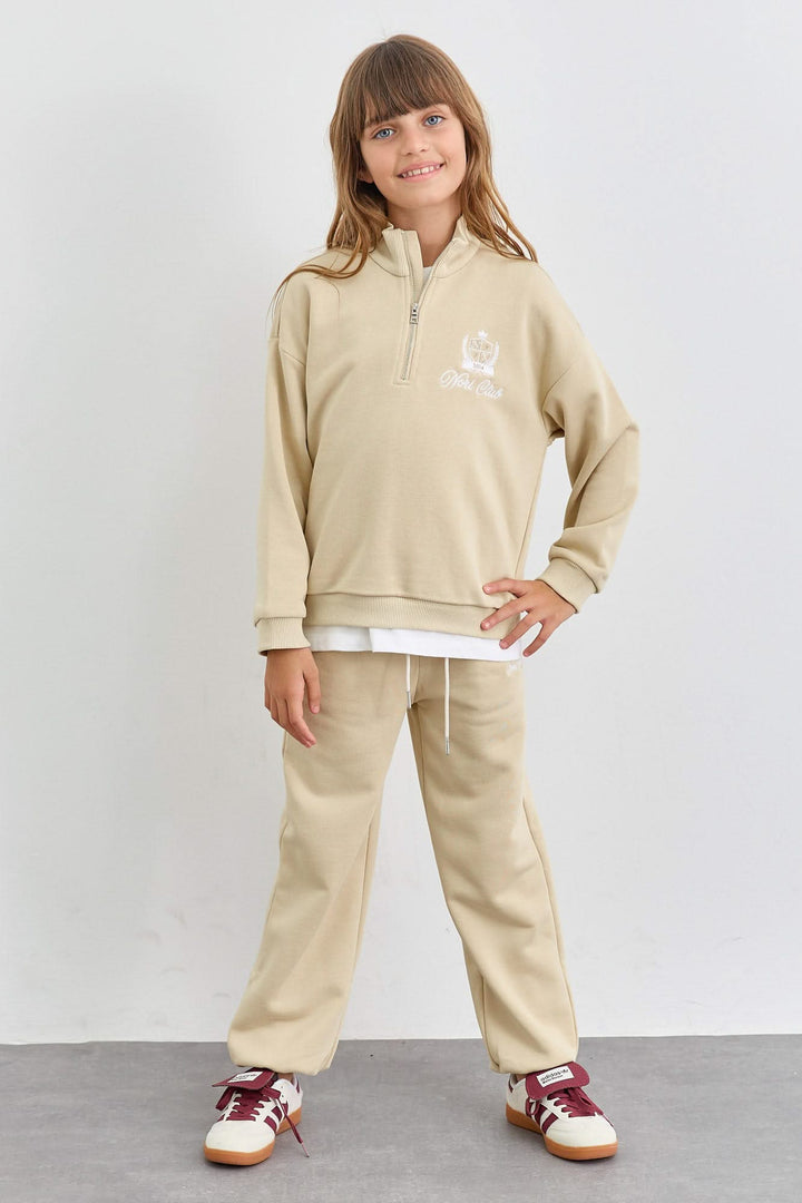 חליפה מבד פרנץ' טרי סווטשירט גולף עם רוכסן ומכנסי בלון | בז'