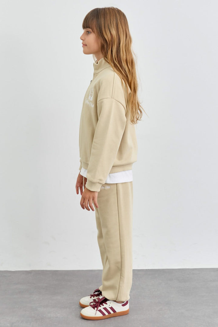 חליפה מבד פרנץ' טרי סווטשירט גולף עם רוכסן ומכנסי בלון | בז'