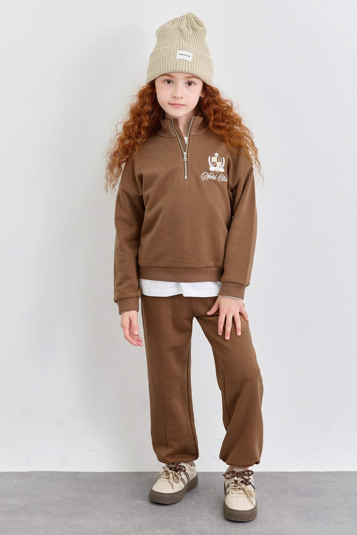 חליפה מבד פרנץ' טרי סווטשירט גולף עם רוכסן ומכנסי בלון | חום