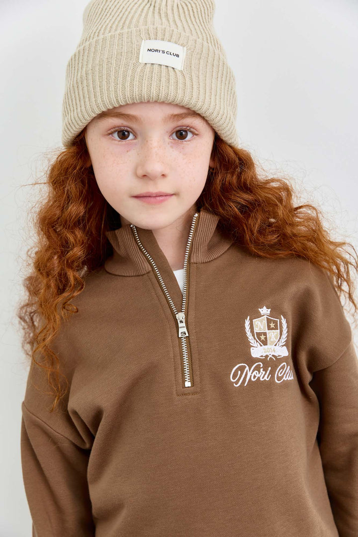 חליפה מבד פרנץ' טרי סווטשירט גולף עם רוכסן ומכנסי בלון | חום