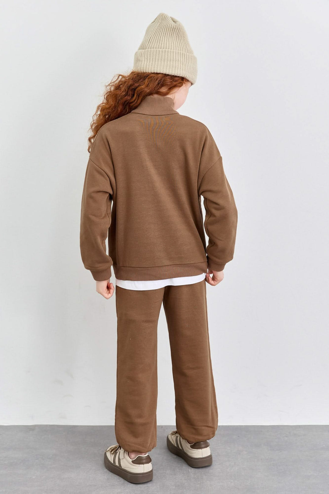 חליפה מבד פרנץ' טרי סווטשירט גולף עם רוכסן ומכנסי בלון | חום