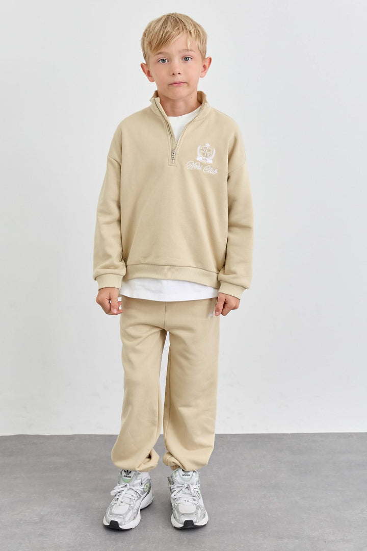 חליפה מבד פרנץ' טרי סווטשירט גולף עם רוכסן ומכנסי בלון | בז'