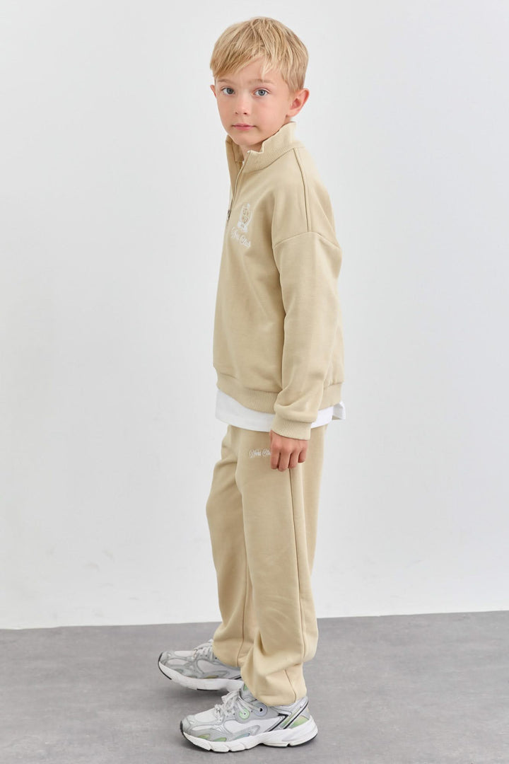 חליפה מבד פרנץ' טרי סווטשירט גולף עם רוכסן ומכנסי בלון | בז'