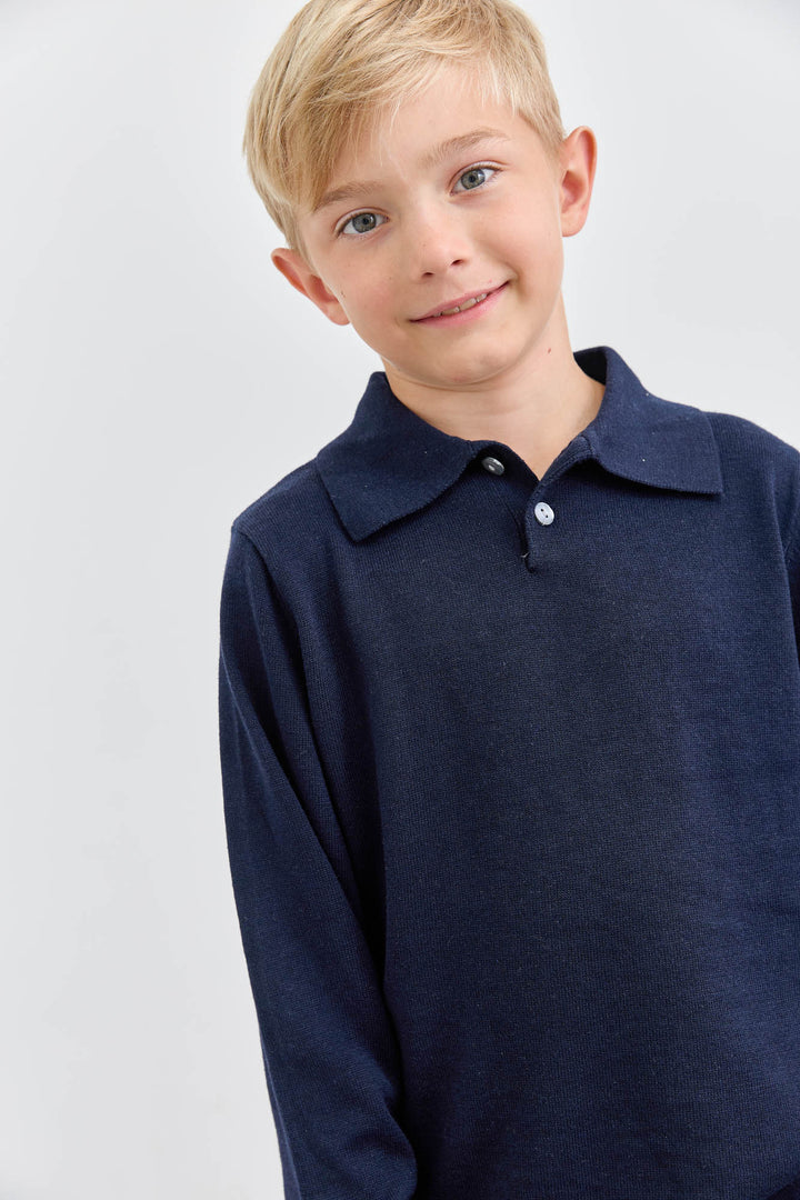 סריג פולו עם צווארון וכפתורים | כחול
