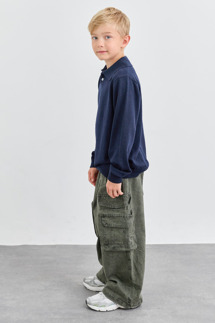 סריג פולו עם צווארון וכפתורים | כחול