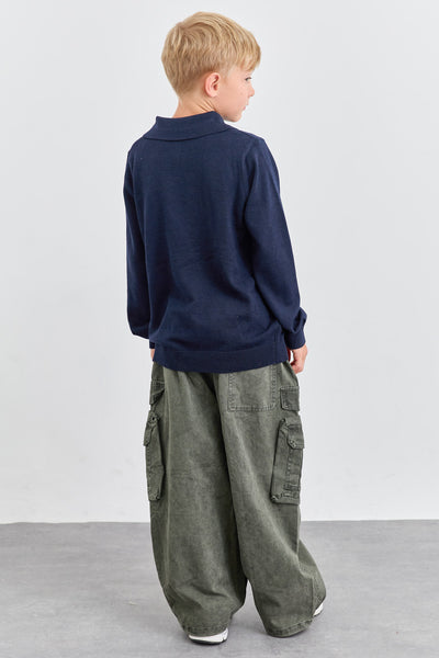 סריג פולו עם צווארון וכפתורים | כחול