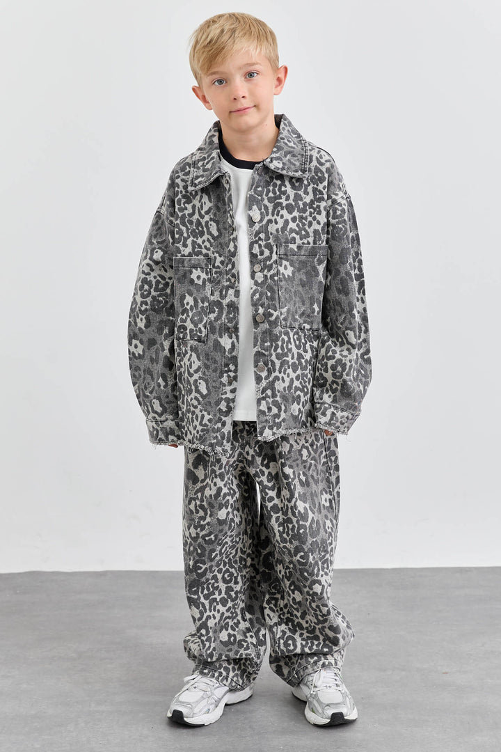 מכנסי דנים גריי לאופרד גומי במותן | מנומר