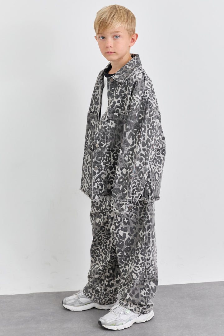 מכנסי דנים גריי לאופרד גומי במותן | מנומר