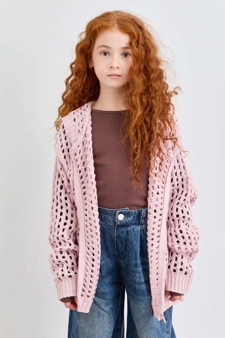 ג'קט סריג מחורר בשילוב קפוצ'ון | ורוד