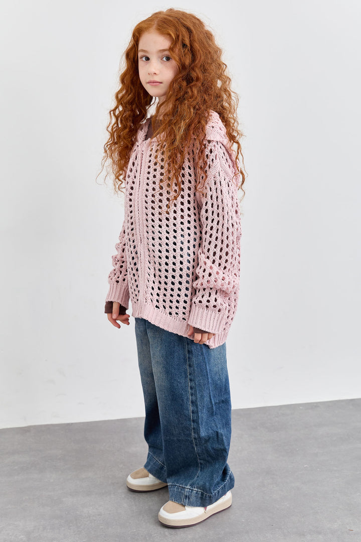 ג'קט סריג מחורר בשילוב קפוצ'ון | ורוד