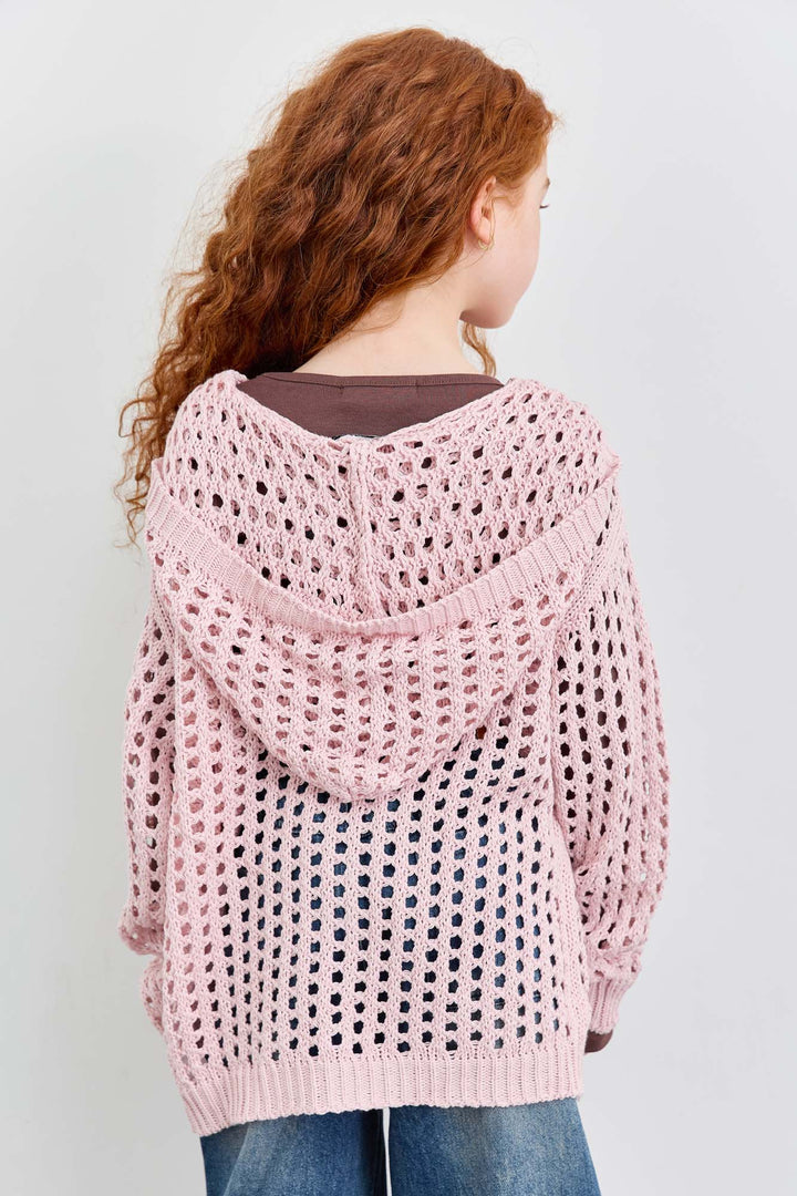 ג'קט סריג מחורר בשילוב קפוצ'ון | ורוד