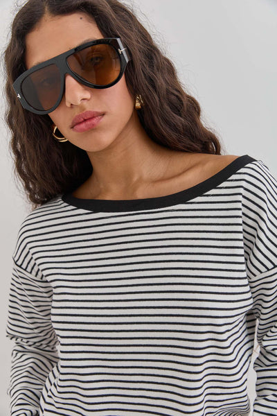 חולצת מרלן סטרייפס צווארון סירה | לבן/שחור
