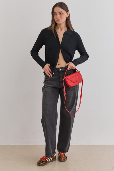 חולצת סריג ריב אנה בשילוב צווארון | שחור