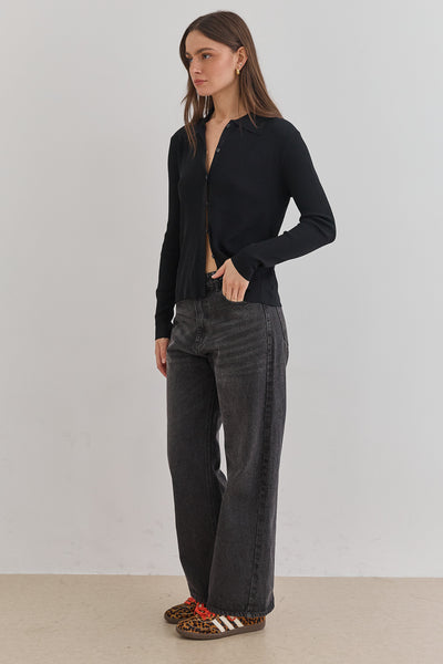 חולצת סריג ריב אנה בשילוב צווארון | שחור