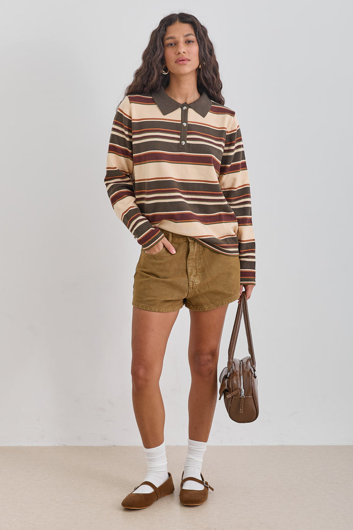 סריג צ'לסי סטרייפס צווארון פולו | בז'/ירוק זית