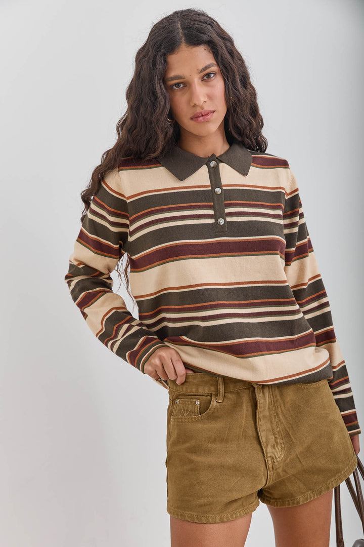 סריג צ'לסי סטרייפס צווארון פולו | בז'/ירוק זית