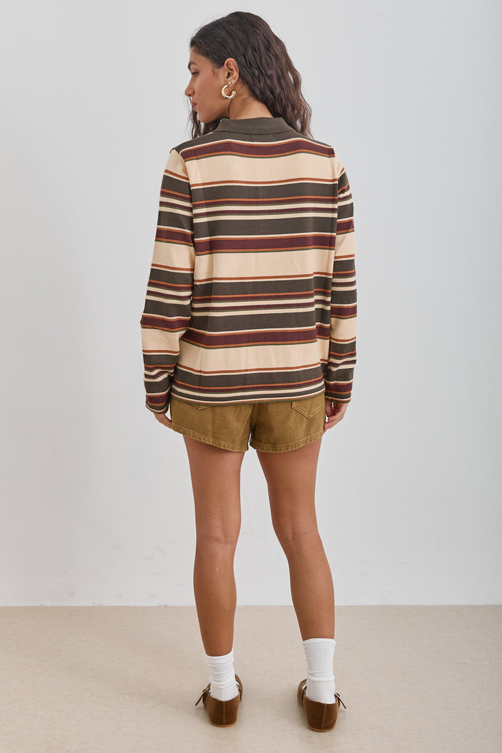 סריג צ'לסי סטרייפס צווארון פולו | בז'/ירוק זית