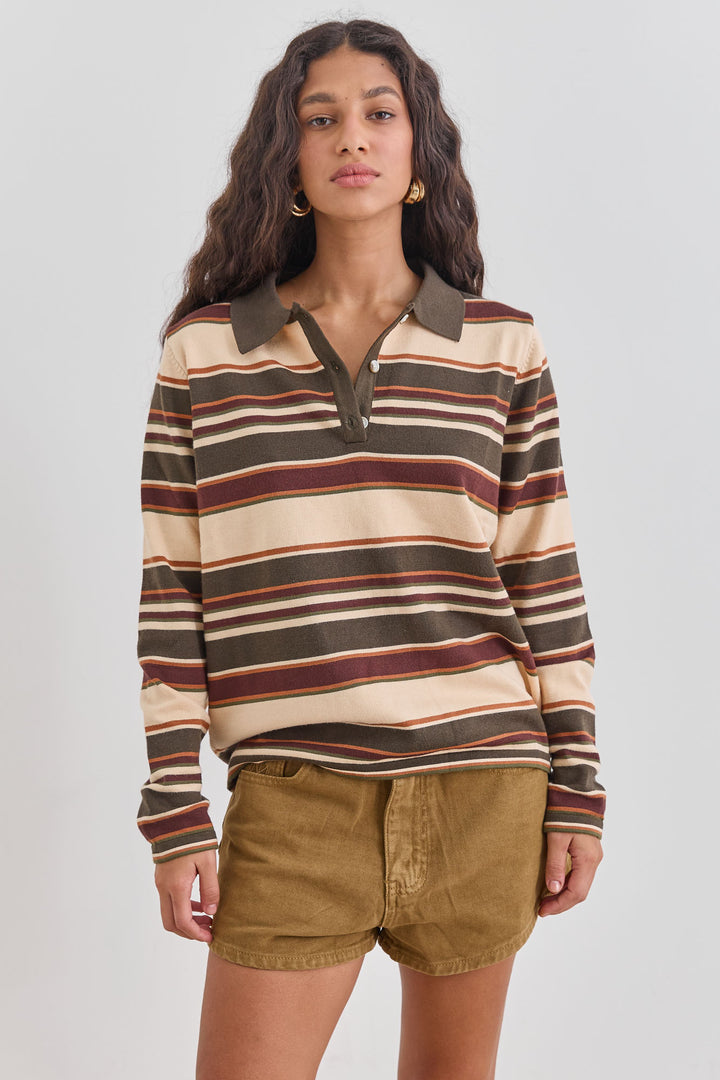 סריג צ'לסי סטרייפס צווארון פולו | בז'/ירוק זית