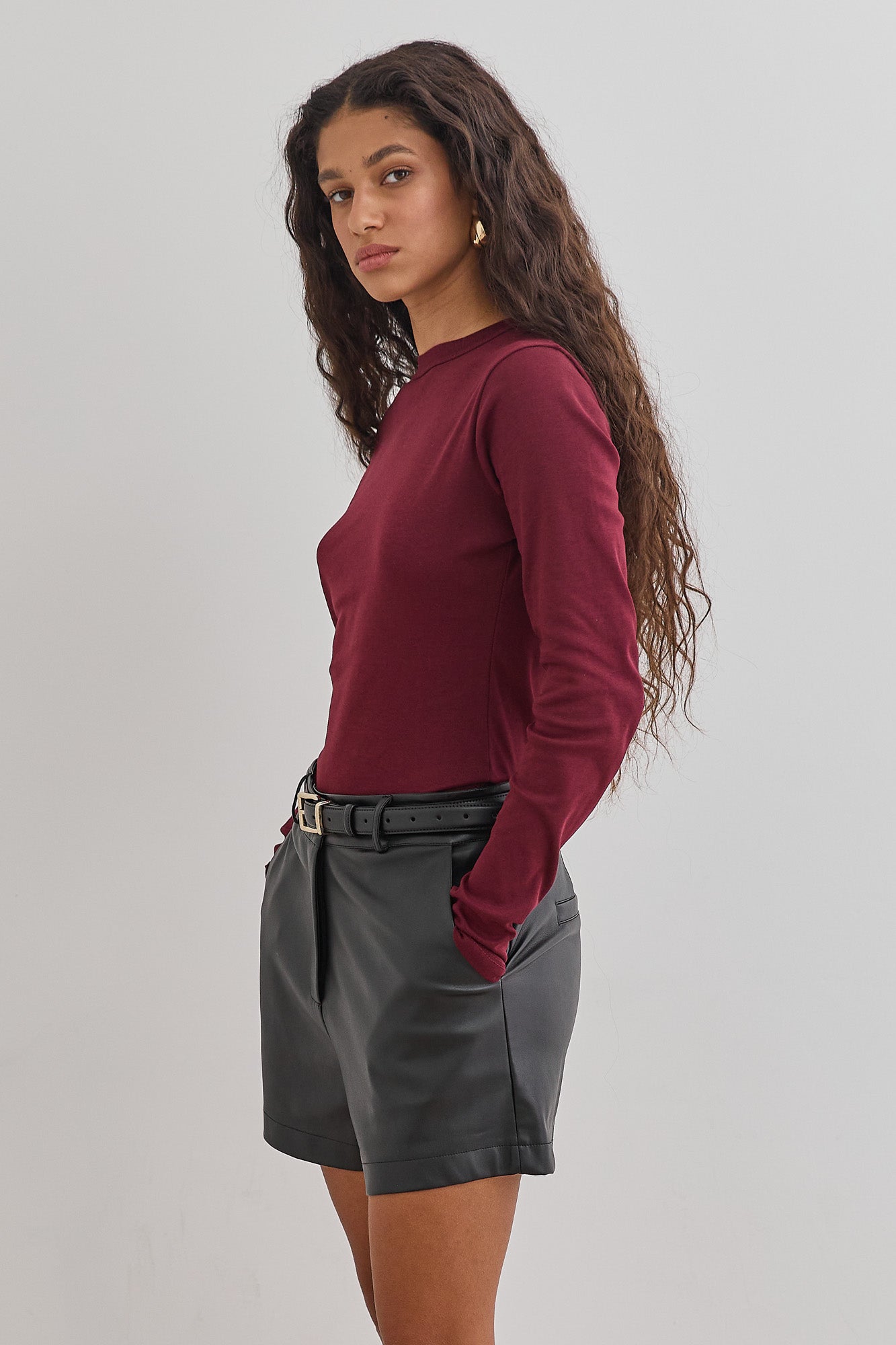 חולצת בייסיק לני שרוול כפפה | בורדו