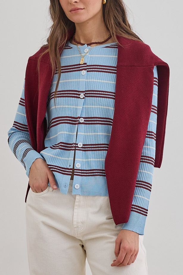 קרדיגן לואי סטרייפס סריג ריב | תכלת/בורדו