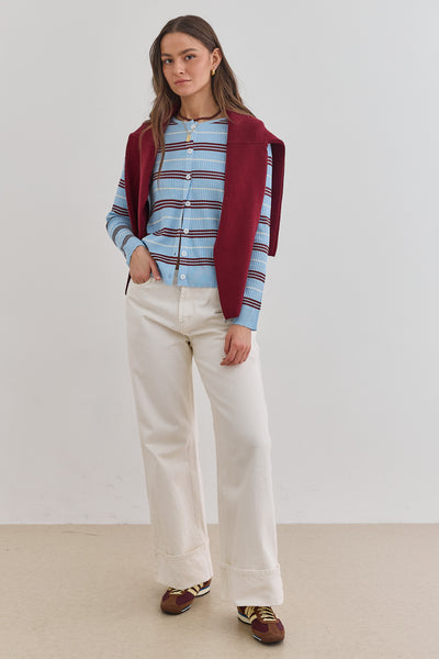 קרדיגן לואי סטרייפס סריג ריב | תכלת/בורדו