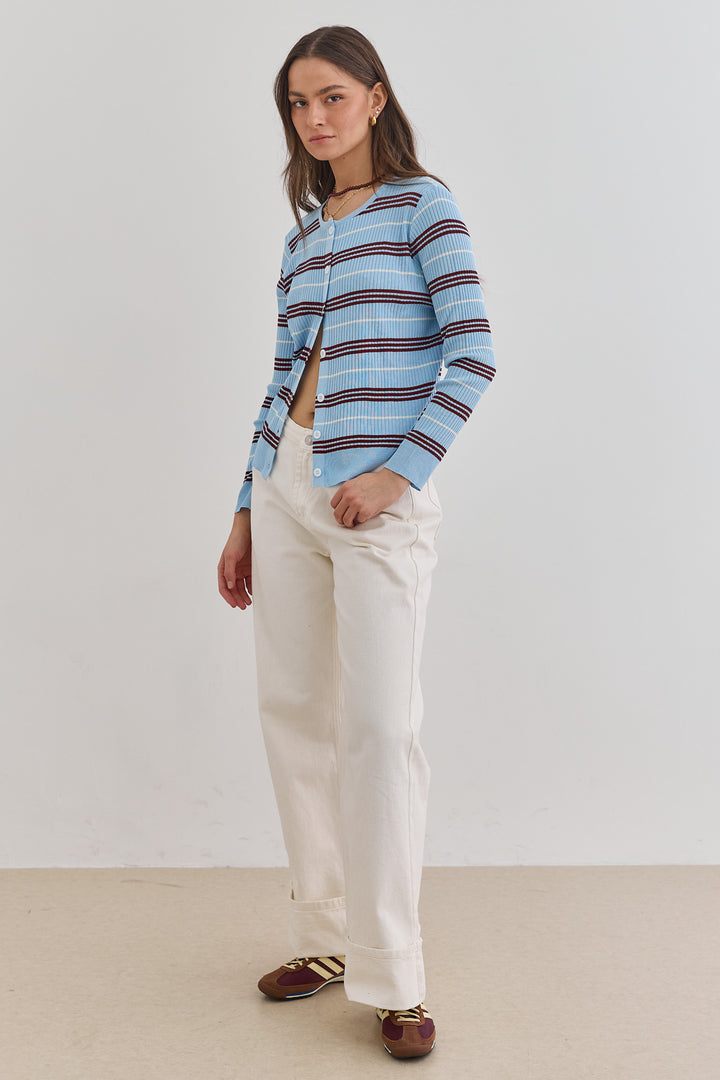 קרדיגן לואי סטרייפס סריג ריב | תכלת/בורדו