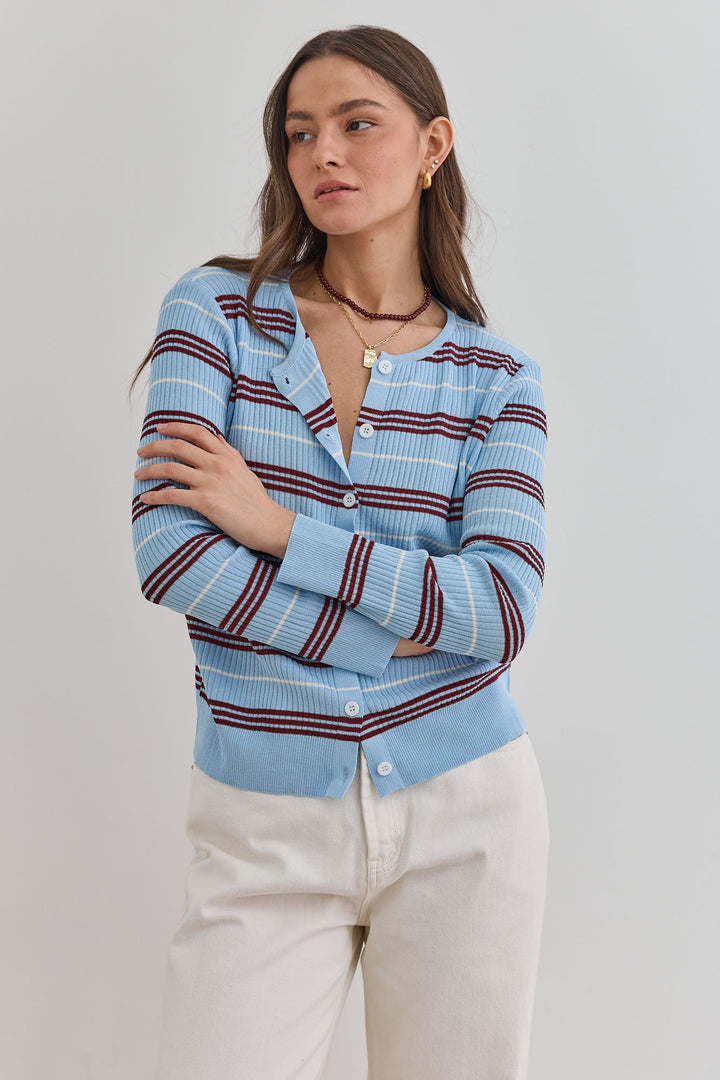 קרדיגן לואי סטרייפס סריג ריב | תכלת/בורדו