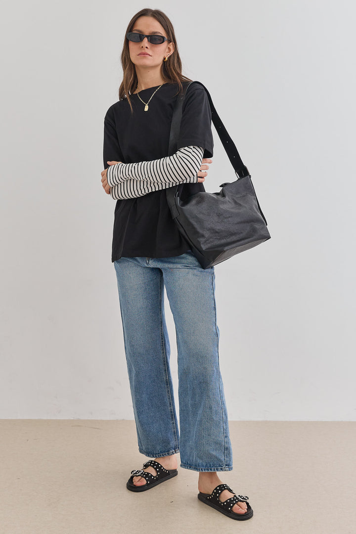 טי שירט דייב שרוול פסים כפול | שחור/לבן