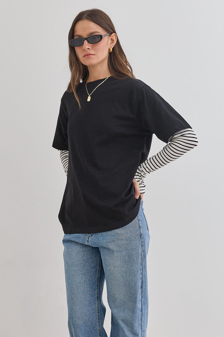 טי שירט דייב שרוול פסים כפול | שחור/לבן