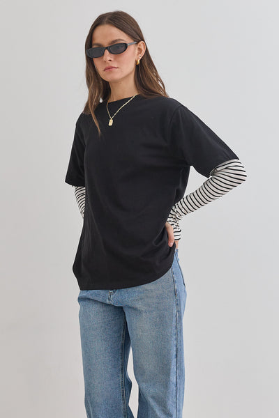 טי שירט דייב שרוול פסים כפול | שחור/לבן