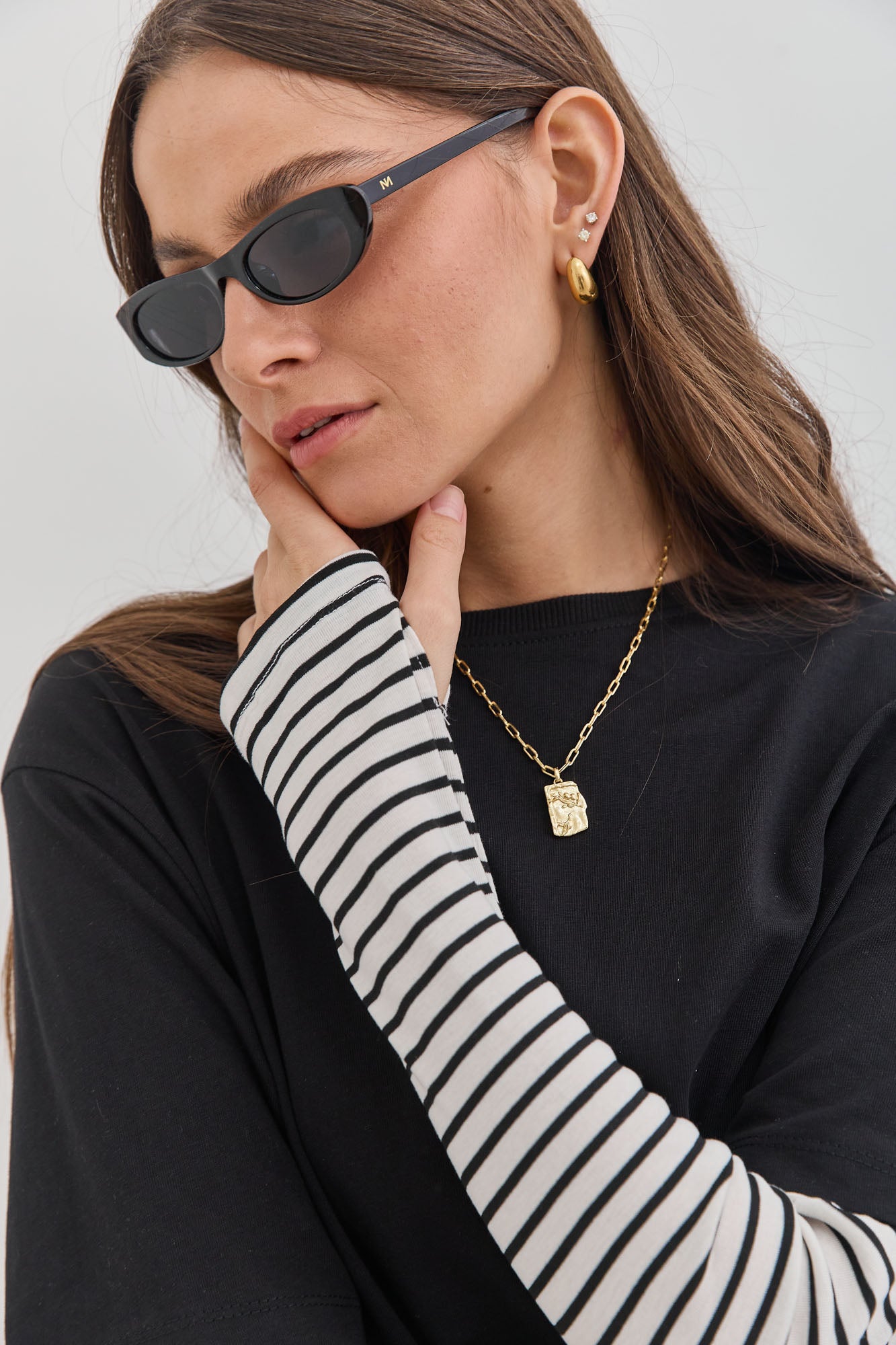 טי שירט דייב שרוול פסים כפול | שחור/לבן