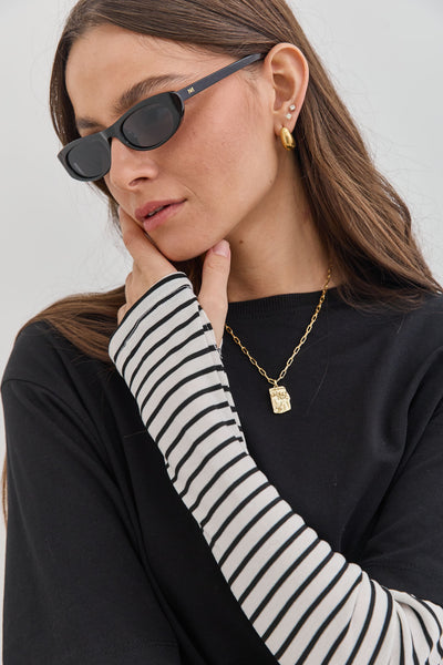 טי שירט דייב שרוול פסים כפול | שחור/לבן