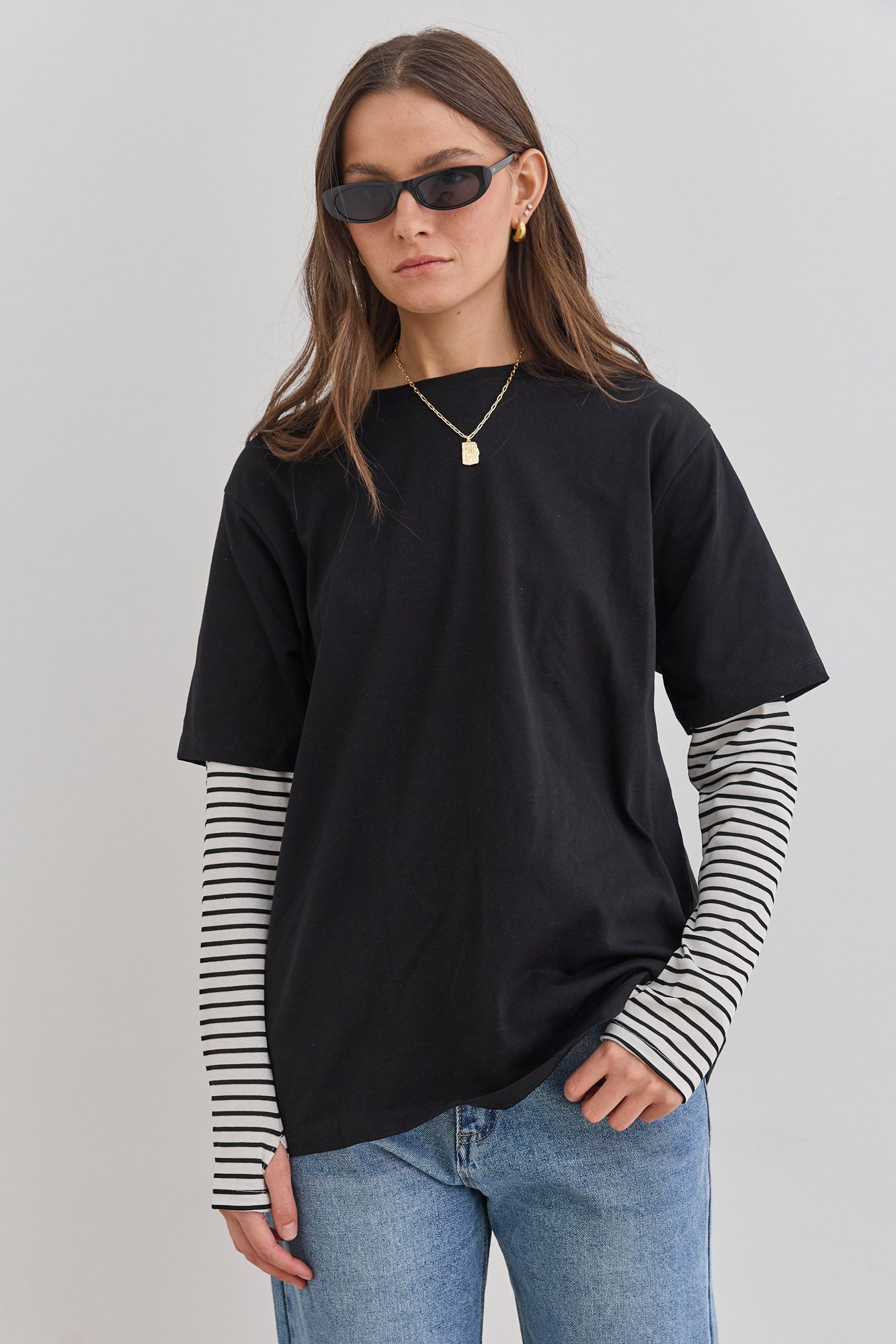 טי שירט דייב שרוול פסים כפול | שחור/לבן