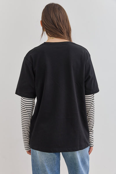 טי שירט דייב שרוול פסים כפול | שחור/לבן