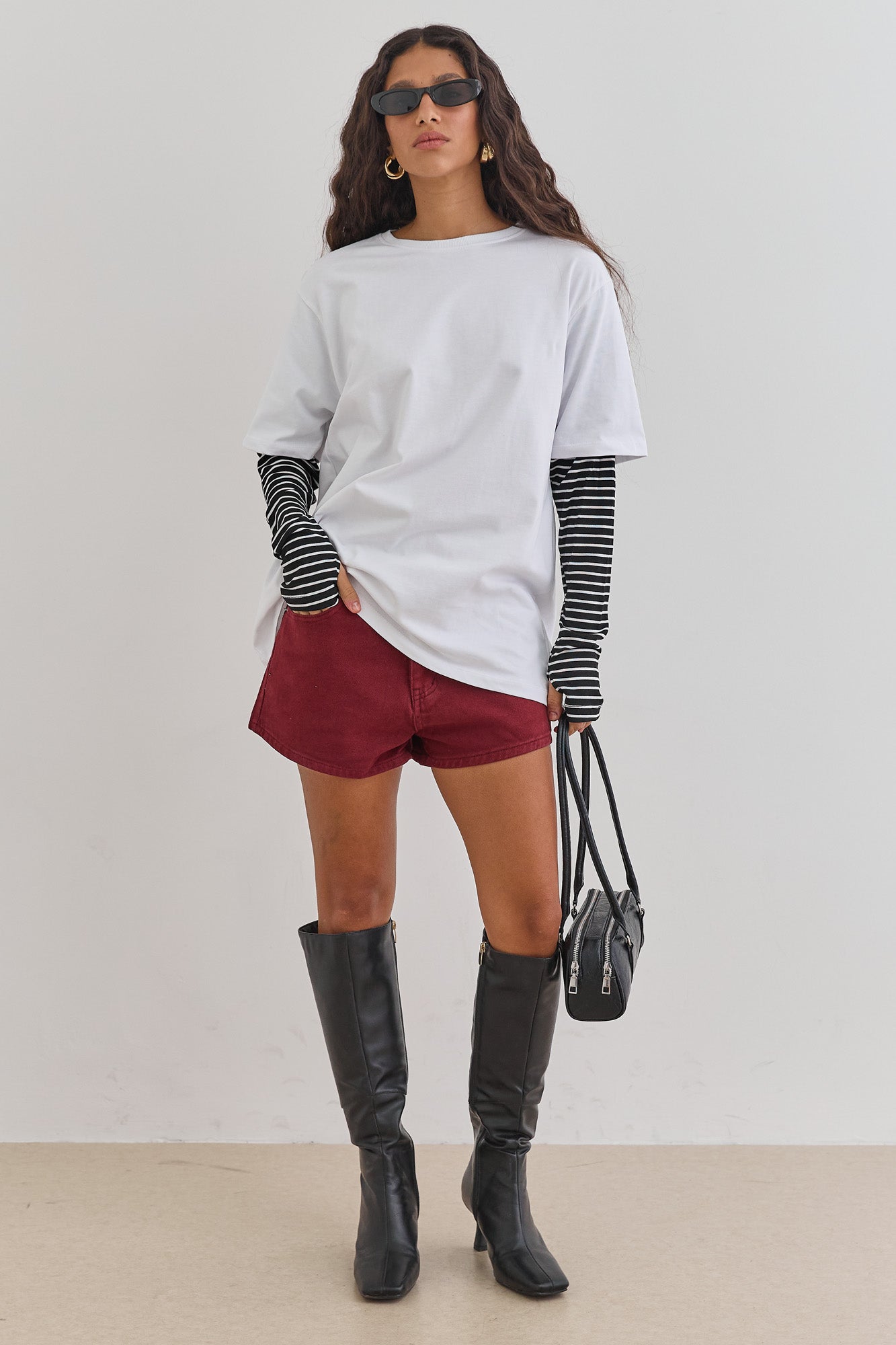 טי שירט דייב שרוול פסים כפול | לבן/שחור