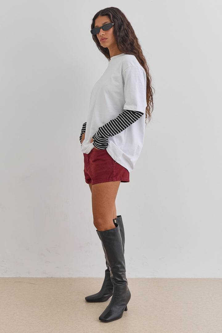 טי שירט דייב שרוול פסים כפול | לבן/שחור