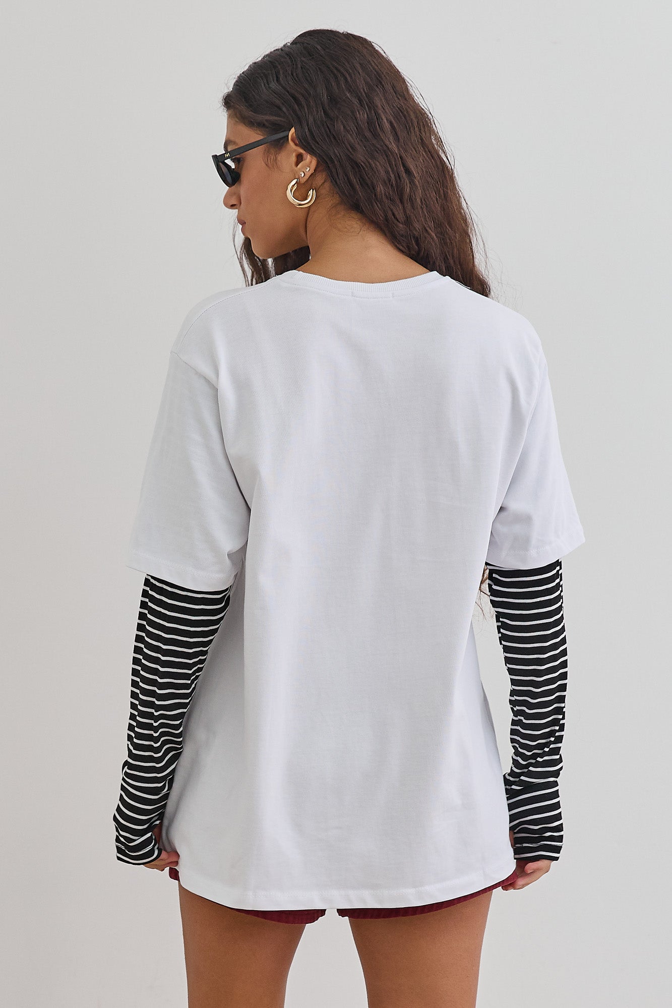 טי שירט דייב שרוול פסים כפול | לבן/שחור