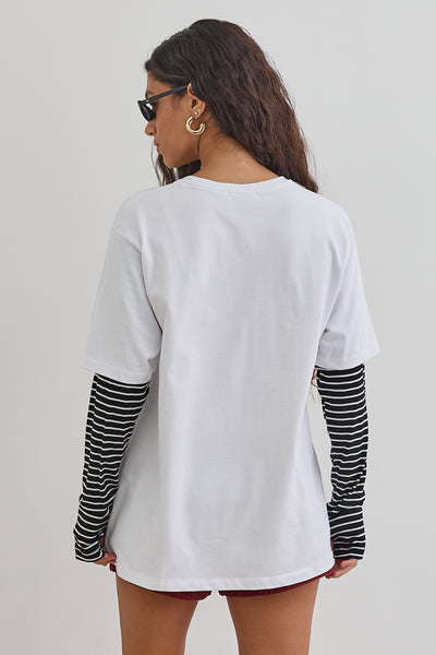 טי שירט דייב שרוול פסים כפול | לבן/שחור
