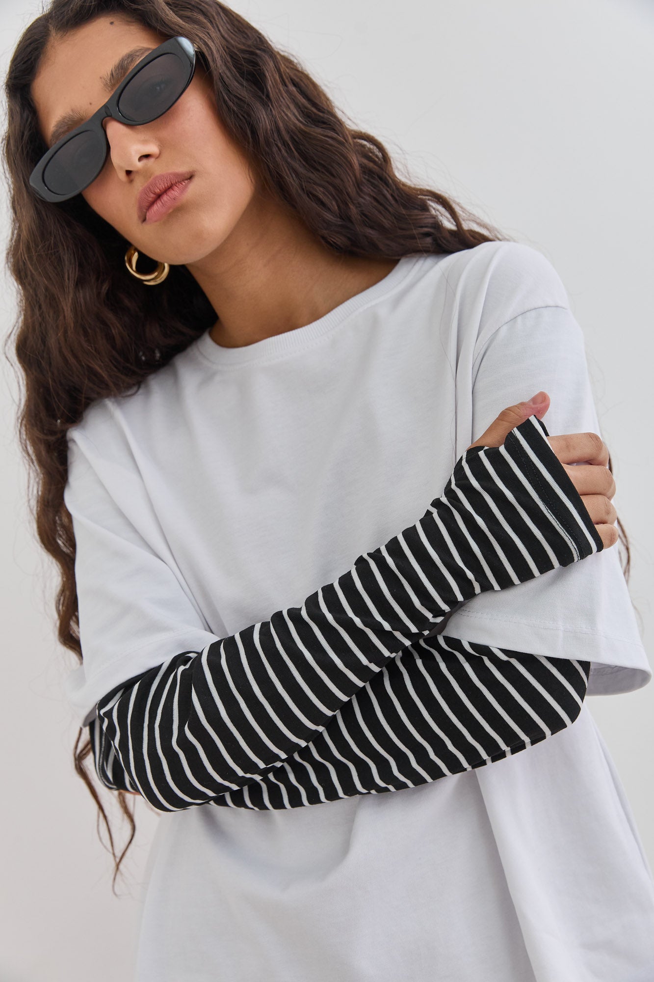 טי שירט דייב שרוול פסים כפול | לבן/שחור