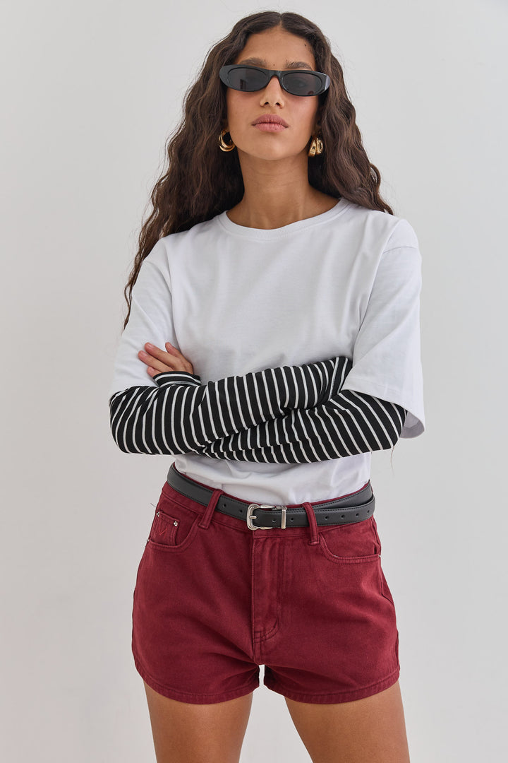 טי שירט דייב שרוול פסים כפול | לבן/שחור