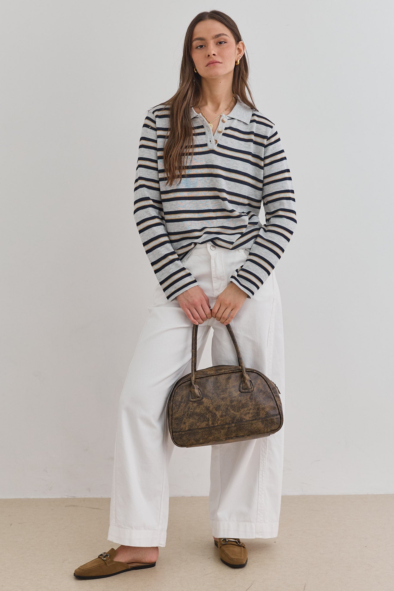 סריג שלי סטרייפס צווארון פולו | אפור/שחור