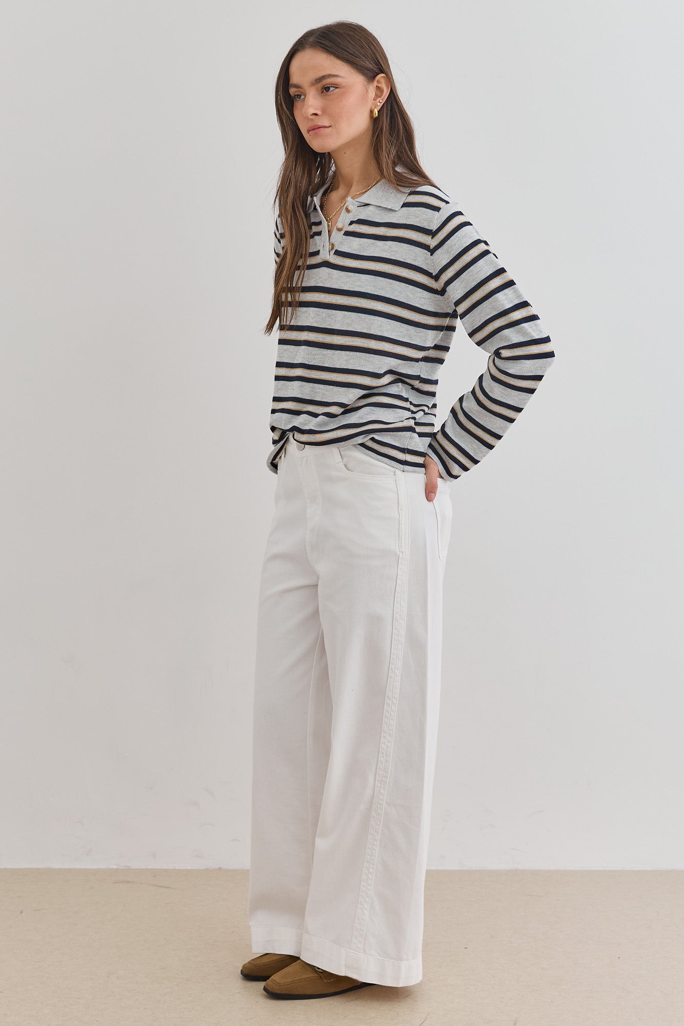 סריג שלי סטרייפס צווארון פולו | אפור/שחור