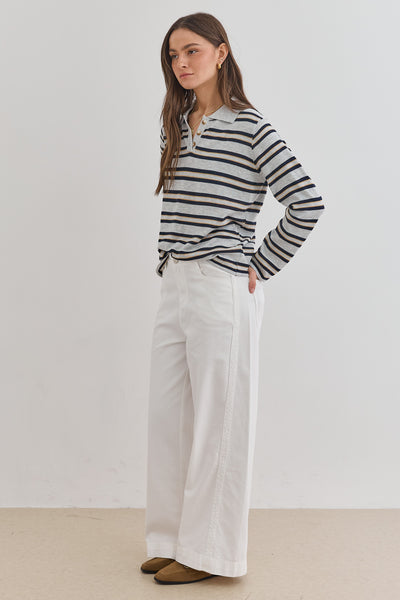 סריג שלי סטרייפס צווארון פולו | אפור/שחור