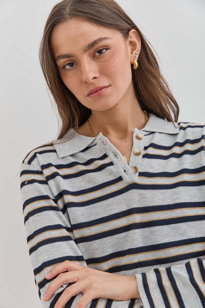 סריג שלי סטרייפס צווארון פולו | אפור/שחור