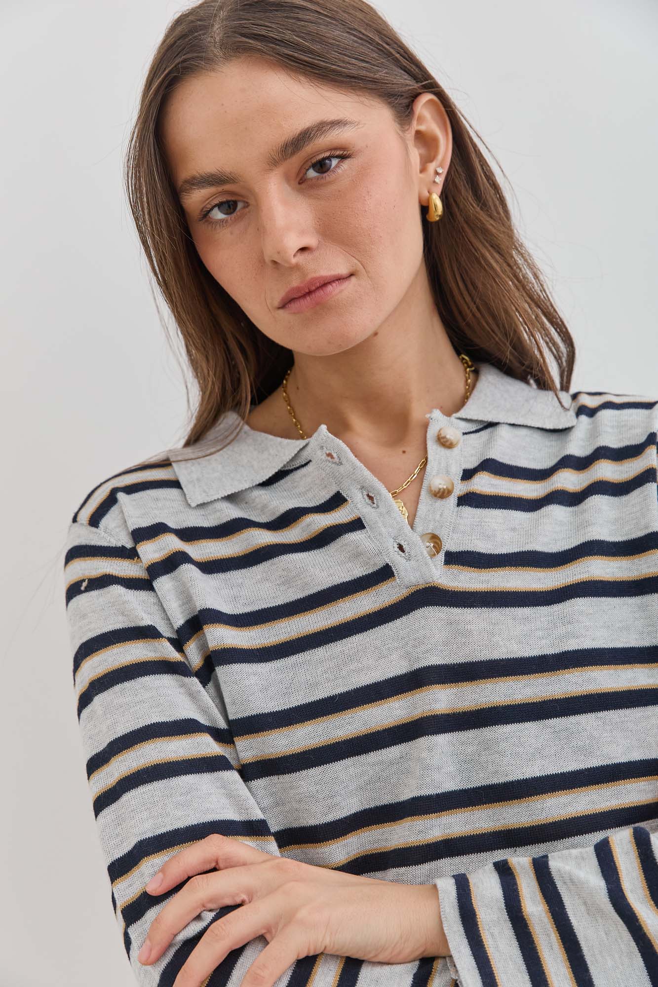 סריג שלי סטרייפס צווארון פולו | אפור/שחור