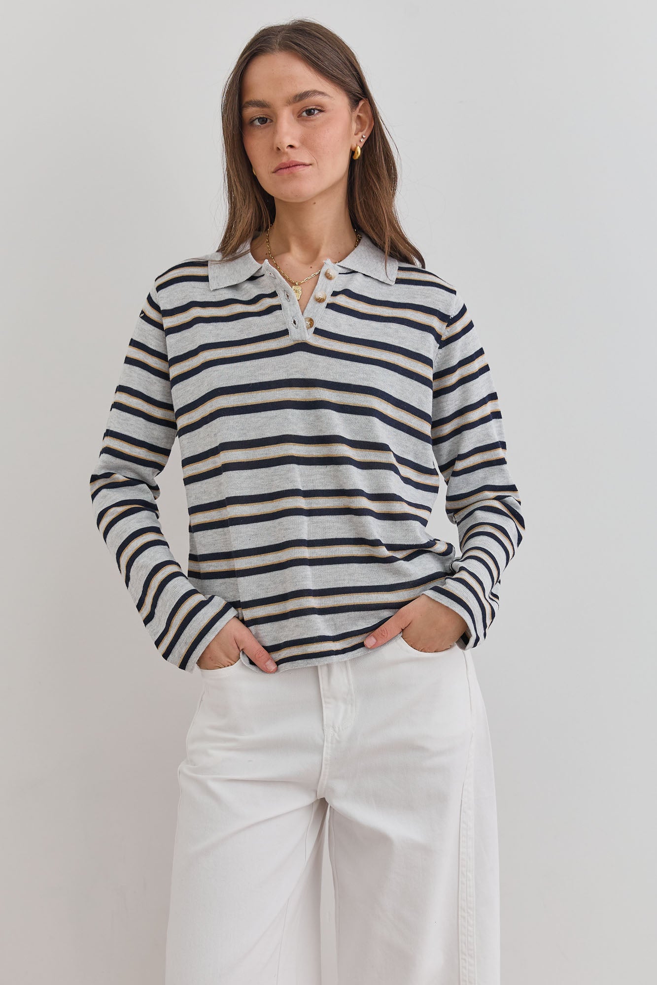 סריג שלי סטרייפס צווארון פולו | אפור/שחור