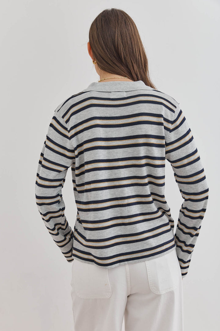 סריג שלי סטרייפס צווארון פולו | אפור/שחור