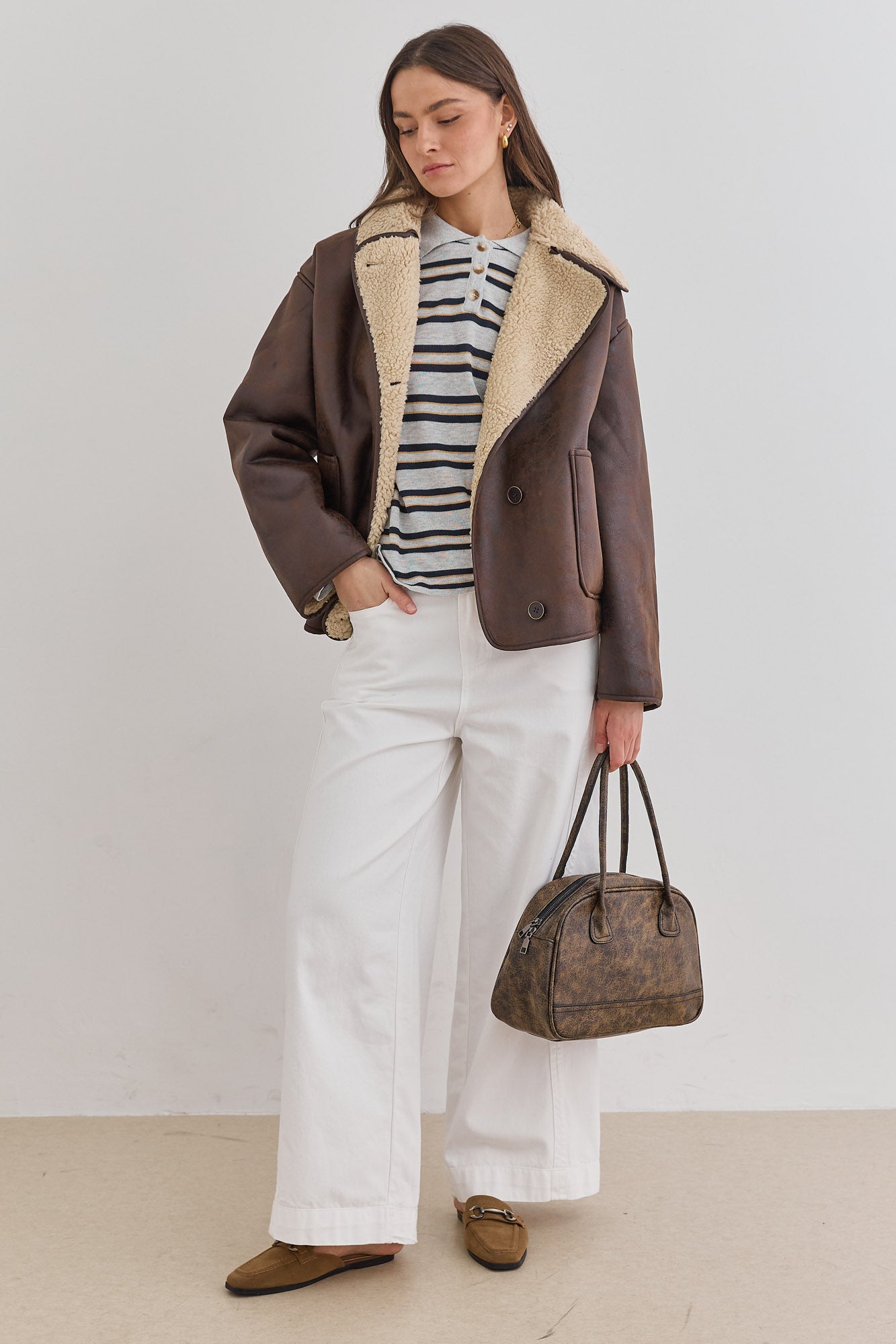 סריג שלי סטרייפס צווארון פולו | אפור/שחור