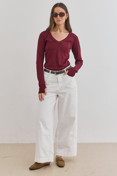 חולצת בייסיק מייגן וי שרוול כפפה | בורדו