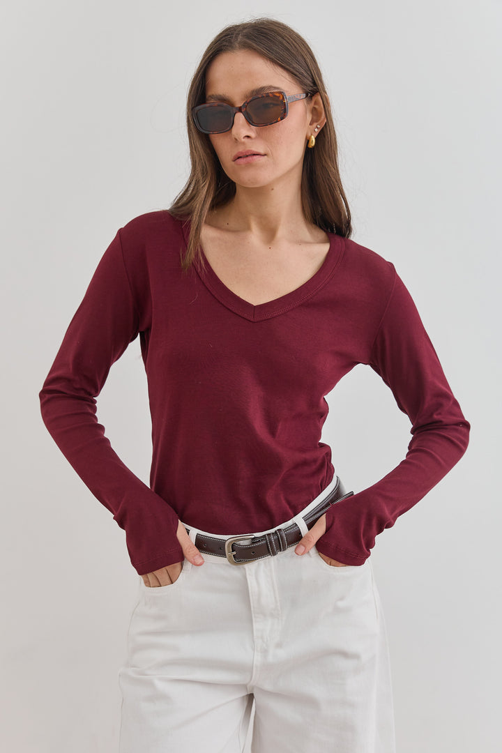 חולצת בייסיק מייגן וי שרוול כפפה | בורדו